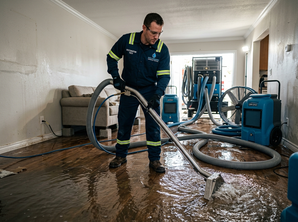 Professional technician performing emergency water extraction and flood damage mitigation